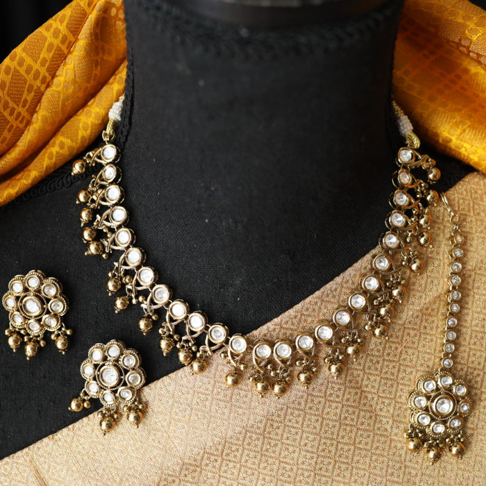 Trendy gold bead short necklace with earrings and tikka 1433223