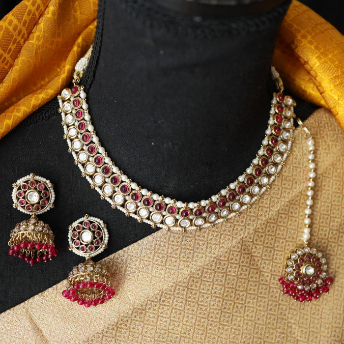 Trendy red stone short necklace with earrings and tikka 1485667