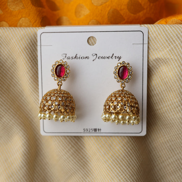 Antique gold ruby white stone jumka earrings AJ79