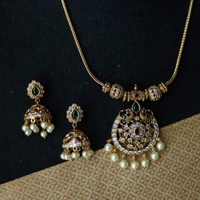 Antique gold white stone short necklace and earrings 81466404