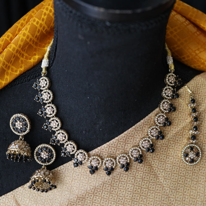 Trendy black stone short necklace with earrings and tikka 1422223