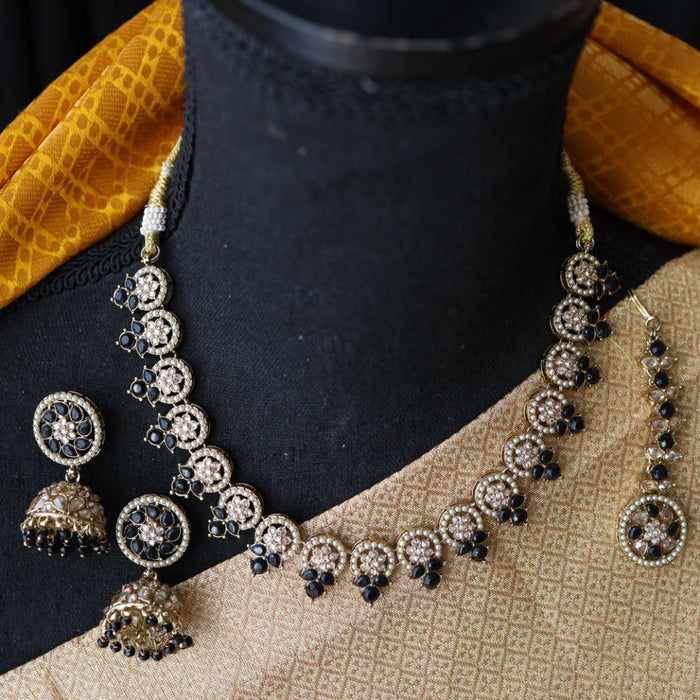 Trendy black stone short necklace with earrings and tikka 1422223