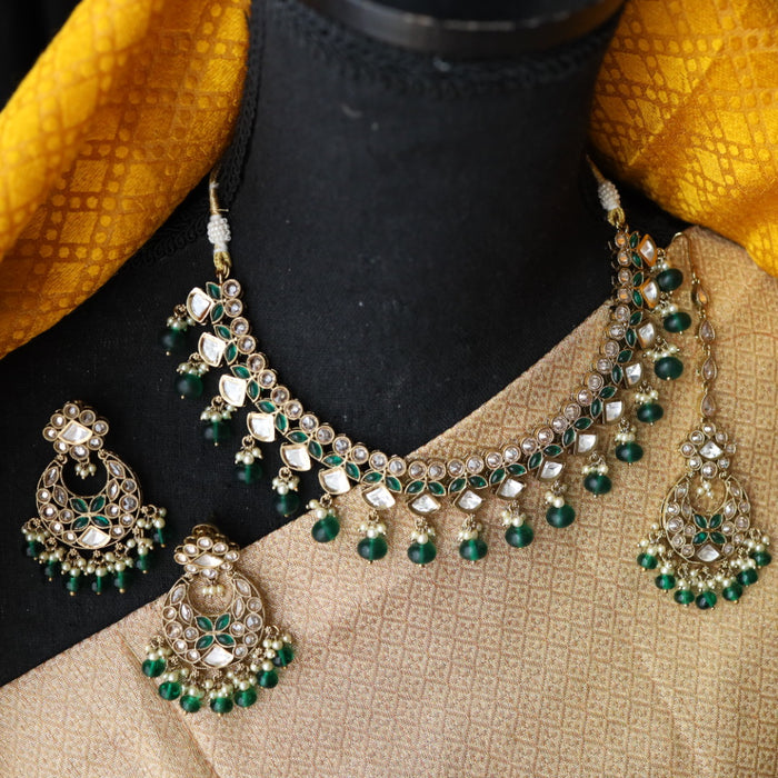 Trendy green bead short necklace with earrings and tikka 22234