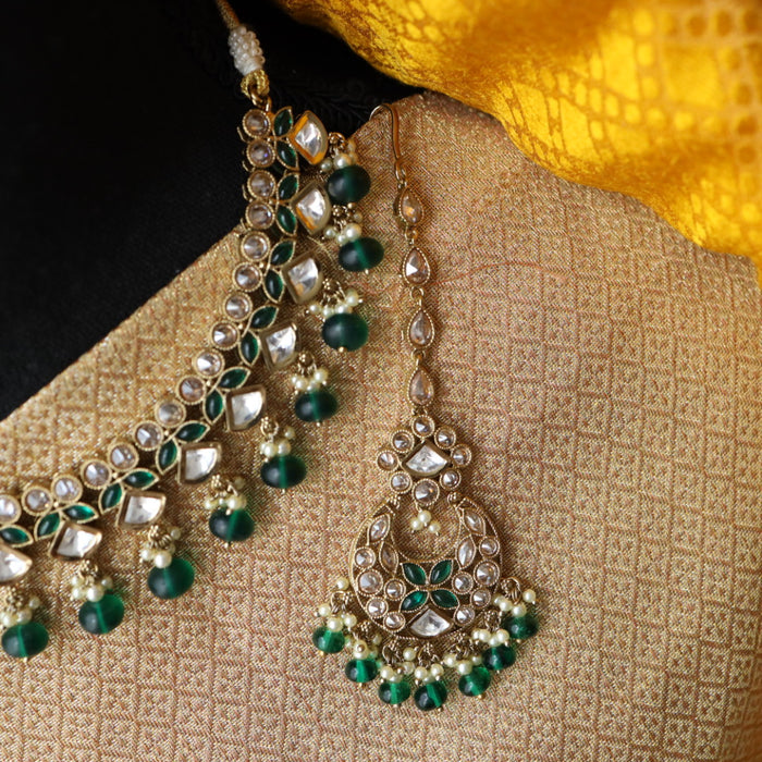 Trendy green bead short necklace with earrings and tikka 22234