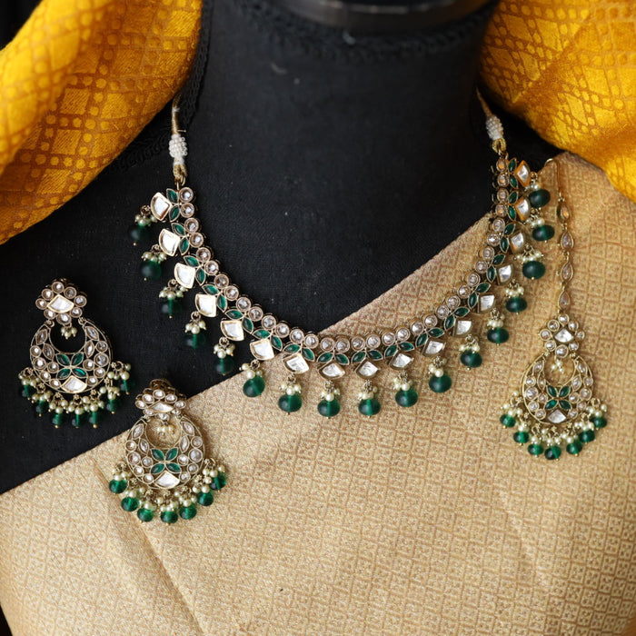 Trendy green bead short necklace with earrings and tikka 22234