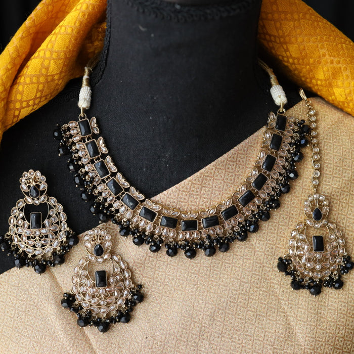 Trendy black bead short necklace with earrings and tikka 1481122