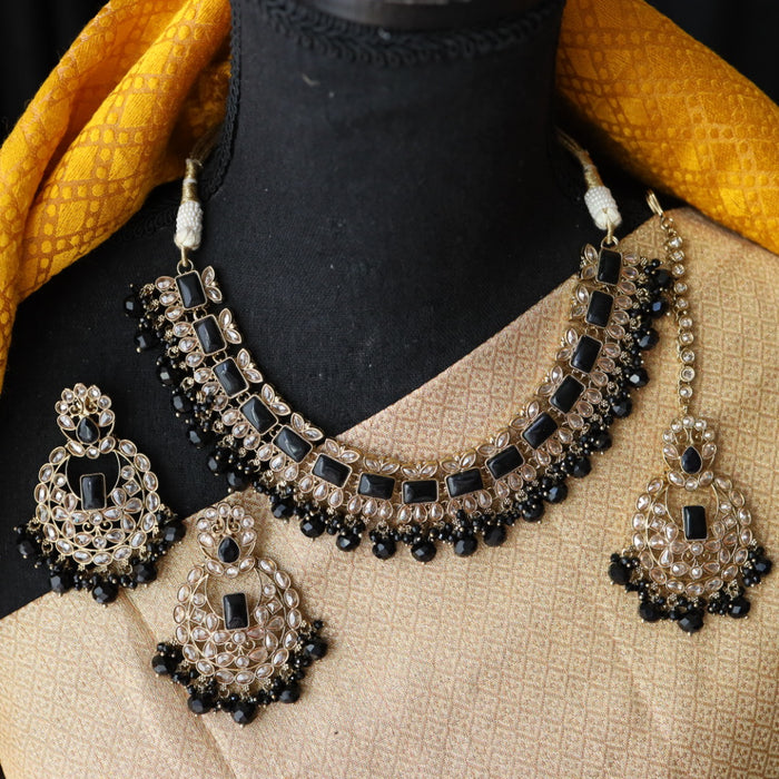 Trendy black bead short necklace with earrings and tikka 1481122