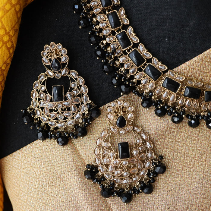 Trendy black bead short necklace with earrings and tikka 1481122