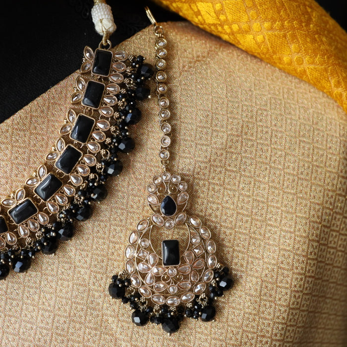 Trendy black bead short necklace with earrings and tikka 1481122