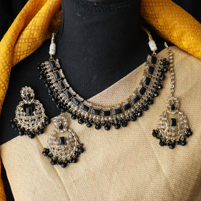 Trendy black bead short necklace with earrings and tikka 1481122