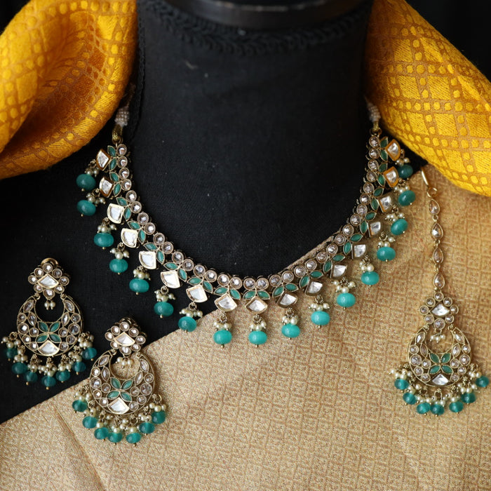 Trendy mint blue bead short necklace with earrings and tikka 14853777