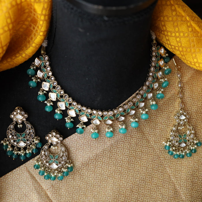 Trendy mint blue bead short necklace with earrings and tikka 14853777