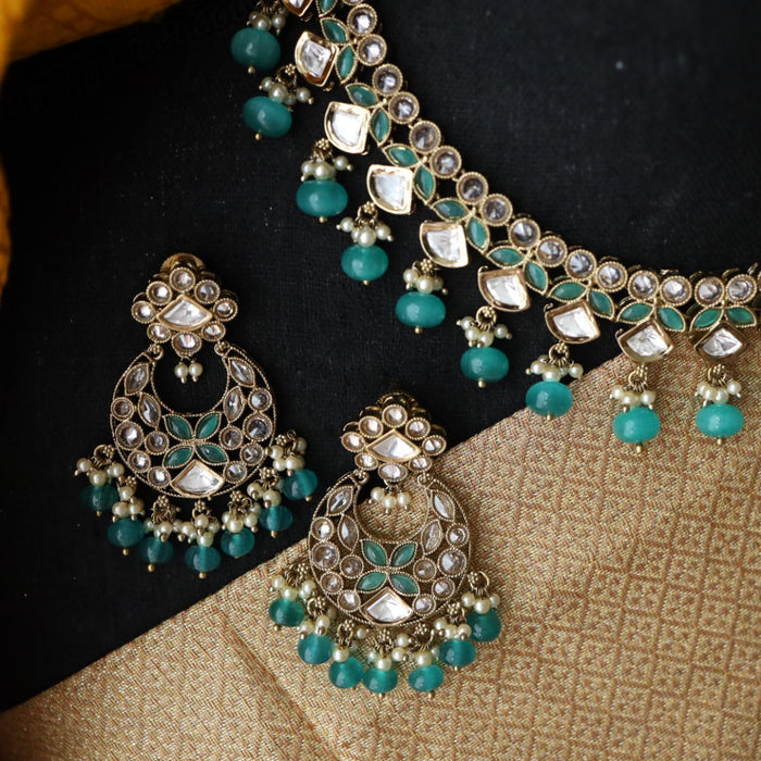 Trendy mint blue bead short necklace with earrings and tikka 14853777