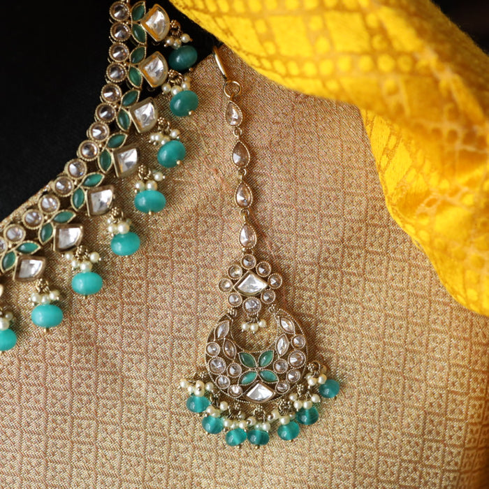 Trendy mint blue bead short necklace with earrings and tikka 14853777