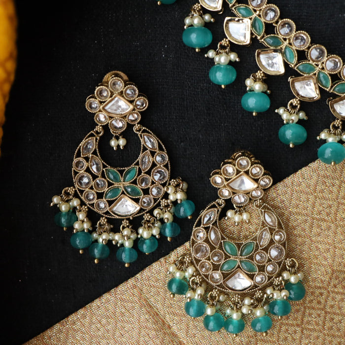 Trendy mint blue bead short necklace with earrings and tikka 14853777