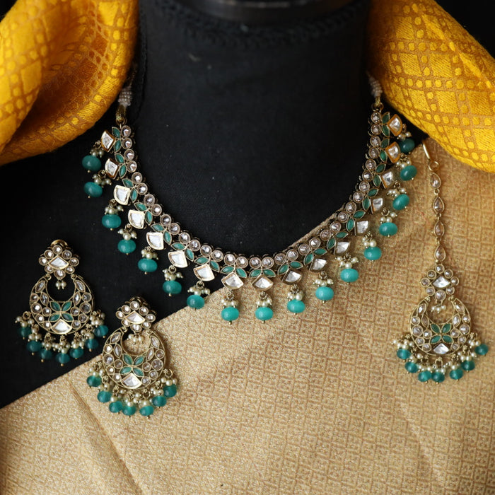 Trendy mint blue bead short necklace with earrings and tikka 14853777