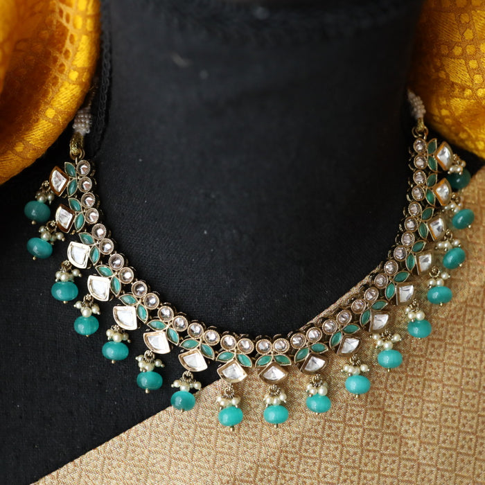 Trendy mint blue bead short necklace with earrings and tikka 14853777