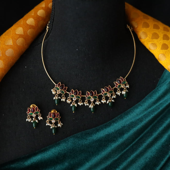 Antique ruby green stone short  necklace and earrings 81466379
