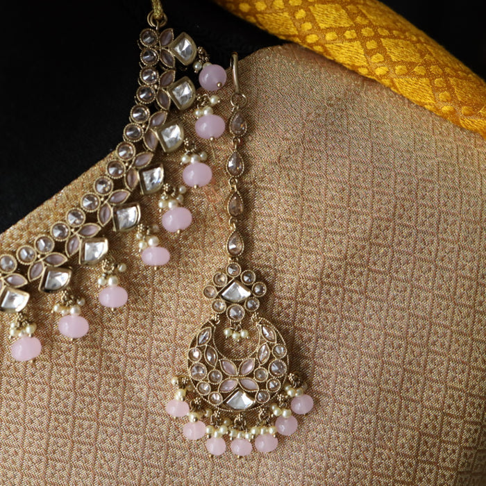 Trendy pink bead short necklace with earrings and tikka 148115334