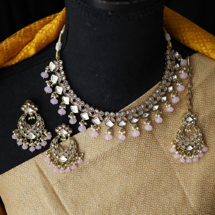 Trendy pink bead short necklace with earrings and tikka 148115334