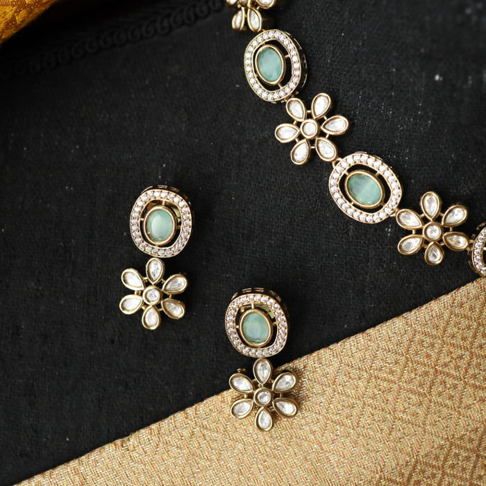 Trendy mint green stone short necklace with earrings and tikka 14855567