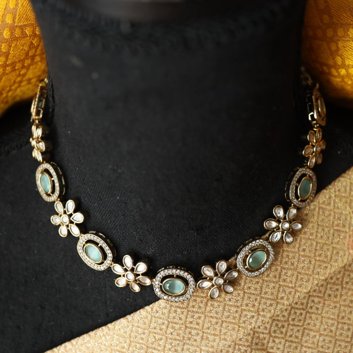 Trendy mint green stone short necklace with earrings and tikka 14855567