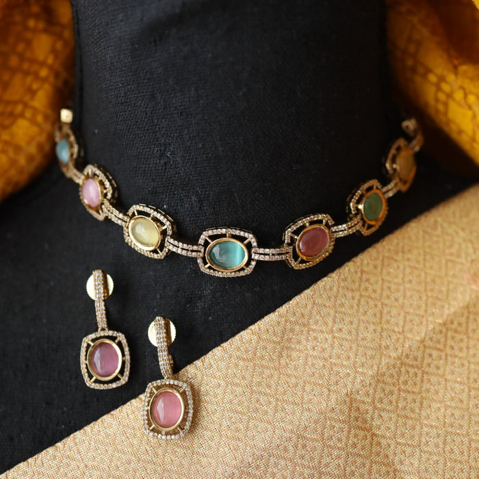 Trendy multi stone short necklace with earrings and tikka 14856788