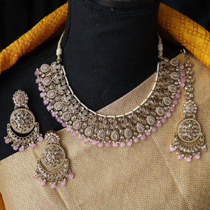 Trendy pink pearl short necklace with earrings and tikka 14824455