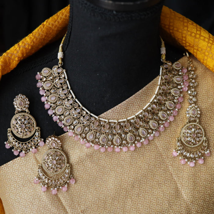 Trendy pink pearl short necklace with earrings and tikka 14824455