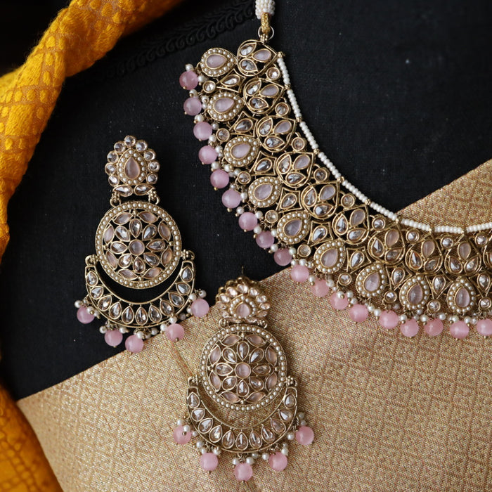 Trendy pink pearl short necklace with earrings and tikka 14824455