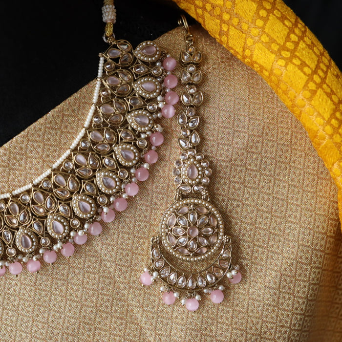 Trendy pink pearl short necklace with earrings and tikka 14824455