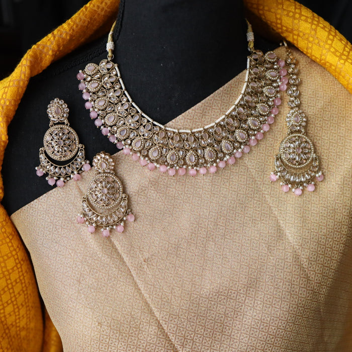 Trendy pink pearl short necklace with earrings and tikka 14824455