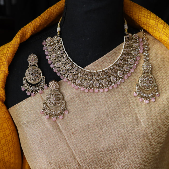 Trendy pink pearl short necklace with earrings and tikka 14824455