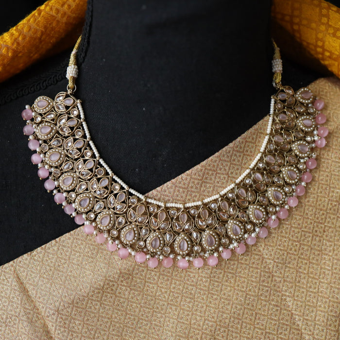 Trendy pink pearl short necklace with earrings and tikka 14824455