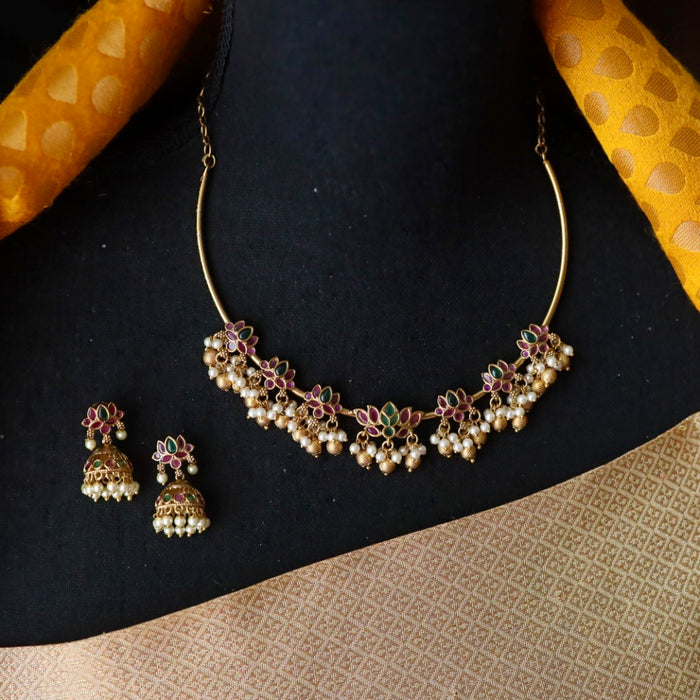 Antique gold ruby stone short necklace and earrings 81633