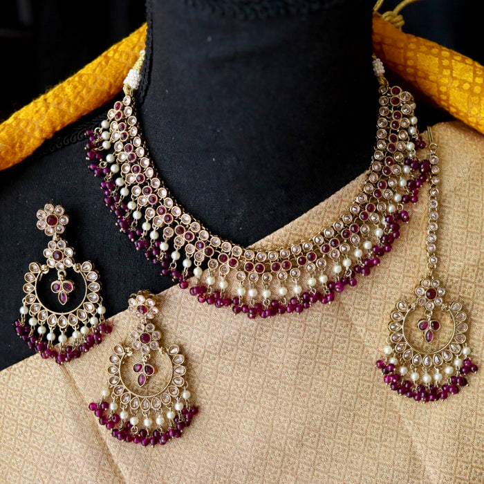 Trendy purple pearl short necklace with earrings and tikka 14854222