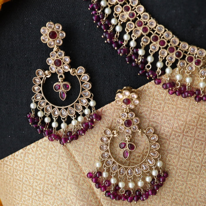 Trendy purple pearl short necklace with earrings and tikka 14854222