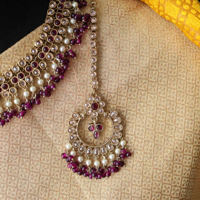 Trendy purple pearl short necklace with earrings and tikka 14854222