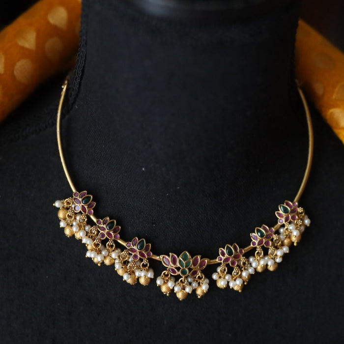 Antique gold ruby stone short necklace and earrings 81633