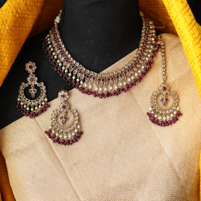 Trendy purple pearl short necklace with earrings and tikka 14854222