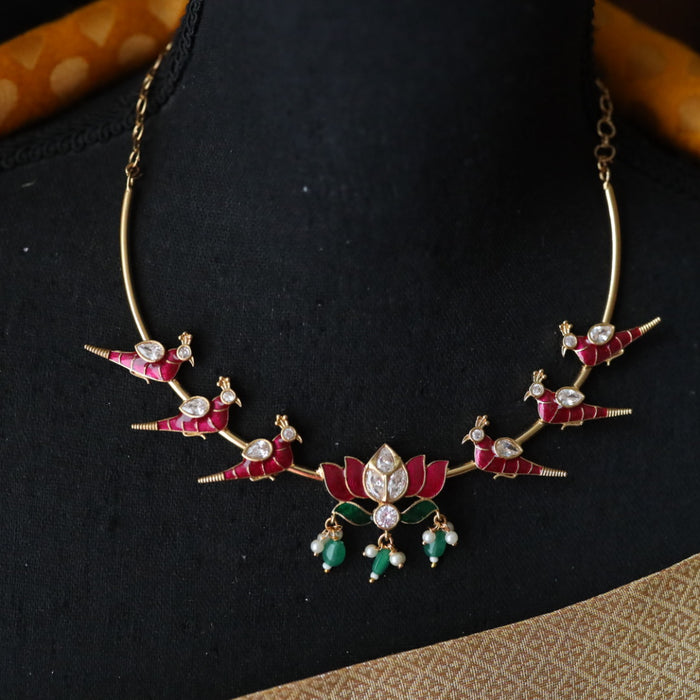Antique gold ruby stone short necklace and earrings 81634