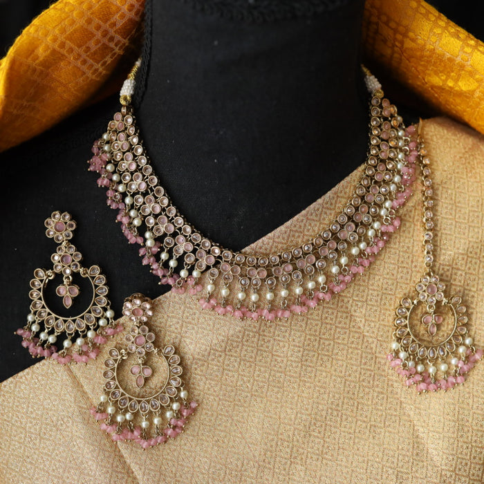 Trendy pink bead short necklace with earrings and tikka 14854223