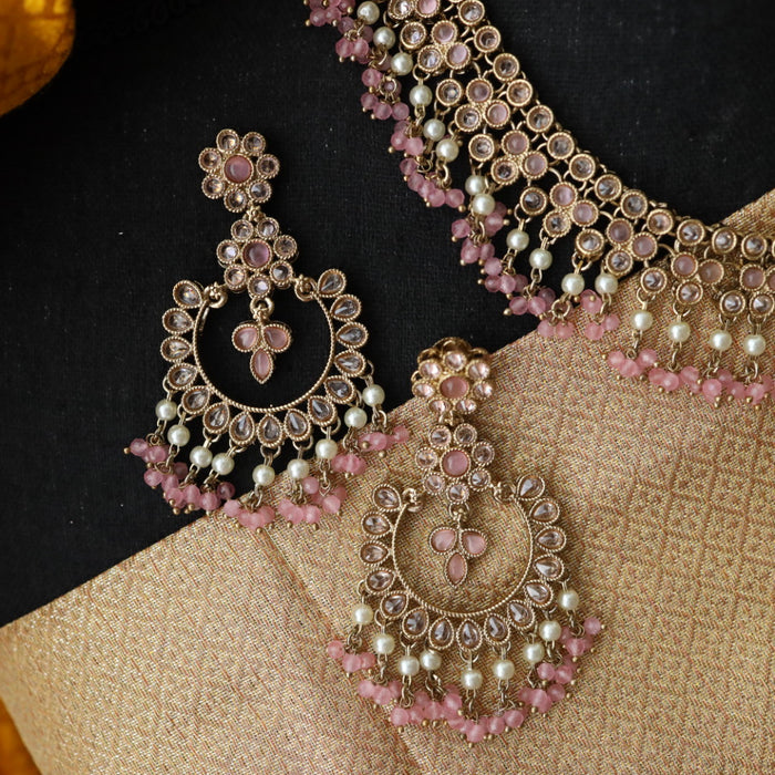 Trendy pink bead short necklace with earrings and tikka 14854223