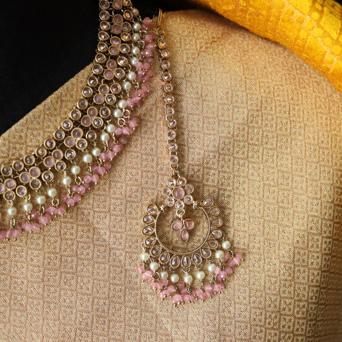 Trendy pink bead short necklace with earrings and tikka 14854223