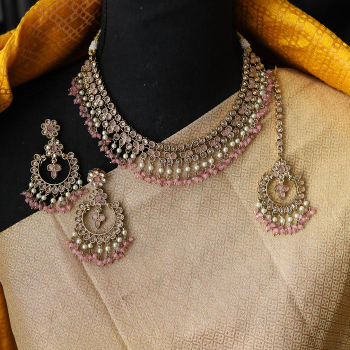 Trendy pink bead short necklace with earrings and tikka 14854223