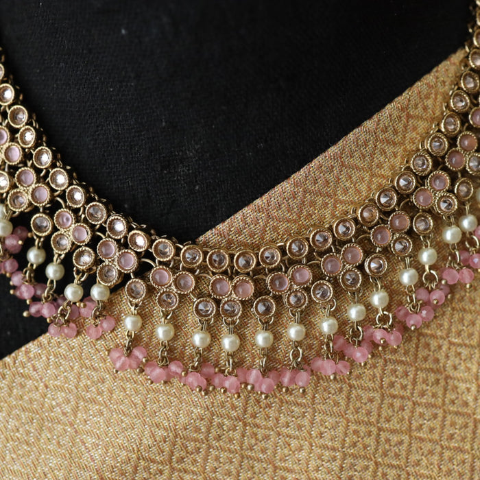 Trendy pink bead short necklace with earrings and tikka 14854223