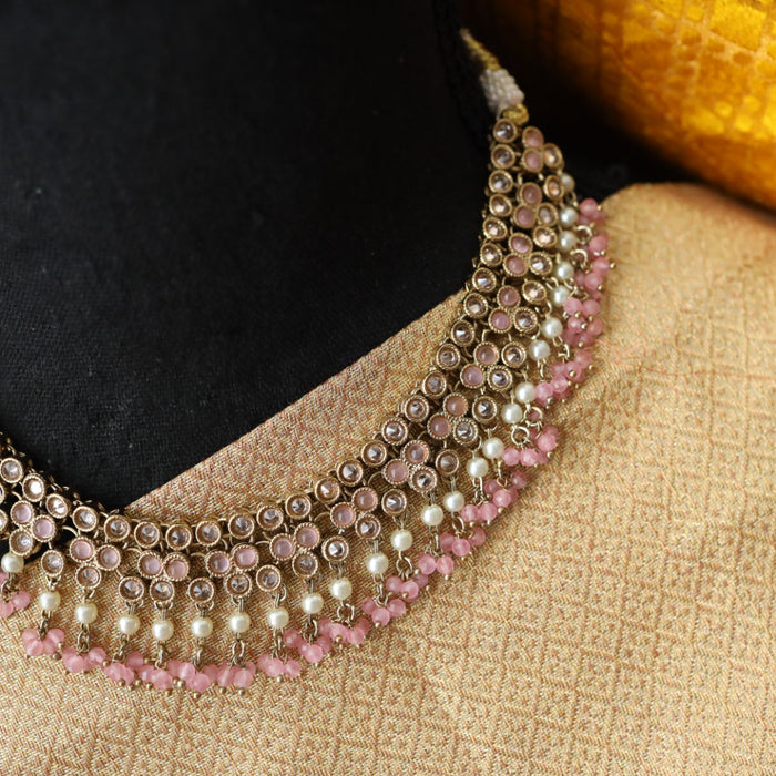 Trendy pink bead short necklace with earrings and tikka 14854223