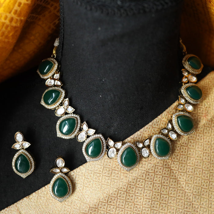 Trendy green stone short necklace with earrings and tikka 148542454