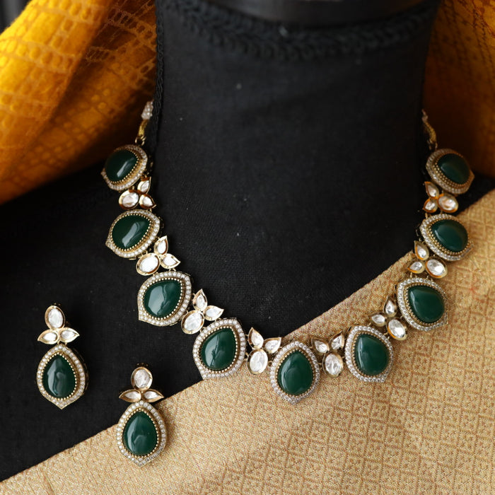 Trendy green stone short necklace with earrings and tikka 148542454