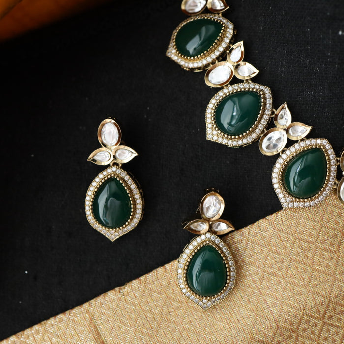 Trendy green stone short necklace with earrings and tikka 148542454